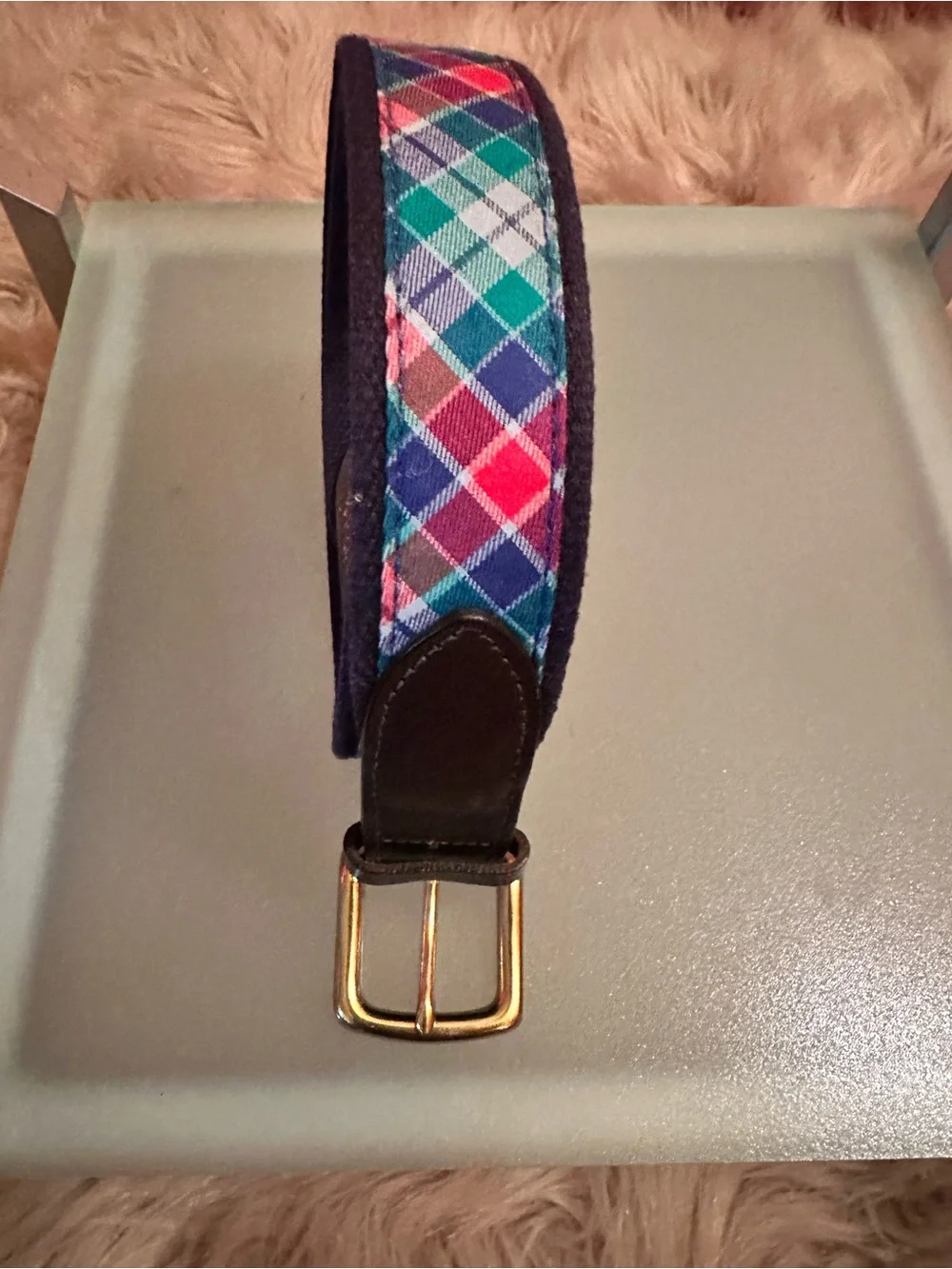 Vineyard Vines Multicolor Plaid Webbing Belt with Brown Leather Trim